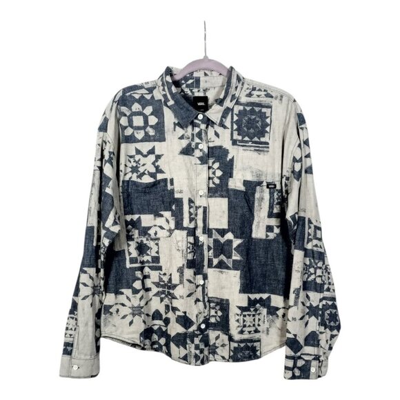 VANS Women's Size XL Ashley Blue Geometric Button Up Chest Pockets Long Sleeve - Picture 1 of 11